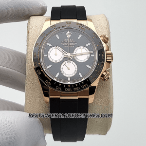 Luxury fake Rolex Daytona with oysterflex strap and chronograph functions on bright black dial