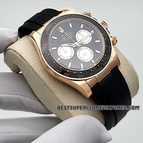 Swiss super clone Rolex Daytona with Everose gold case and dual-tone black and sundust dial
