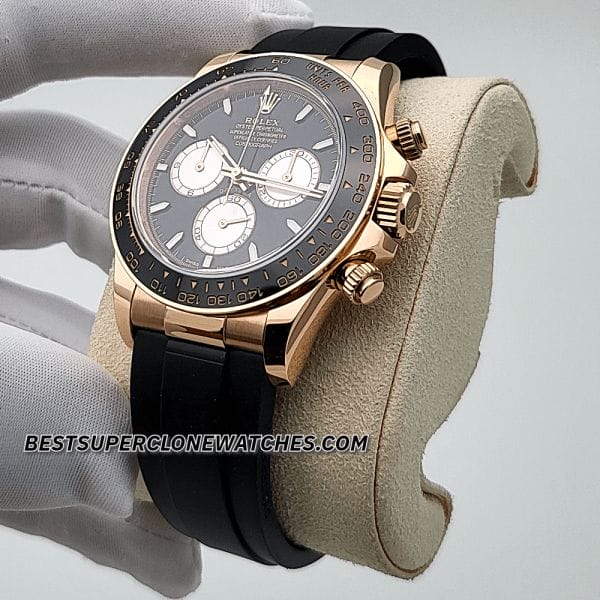Replica Rolex Daytona with 4131 clone movement featuring bright black and sundust dial