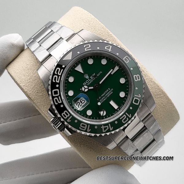 Swiss replica Rolex GMT Master II white gold left-hand version