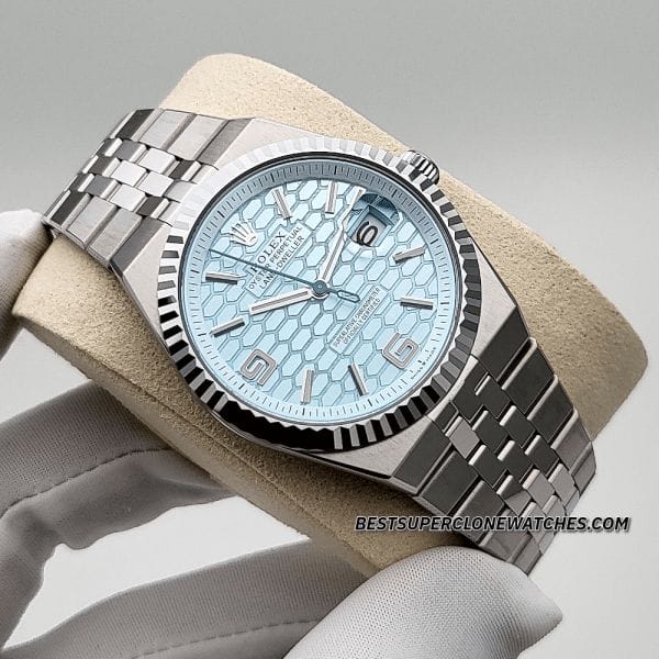 Rolex Land-Dweller 40mm Platinum Ice Blue Honeycomb Motif Dial 7135 Swiss Super Clone Watch Ref-127336