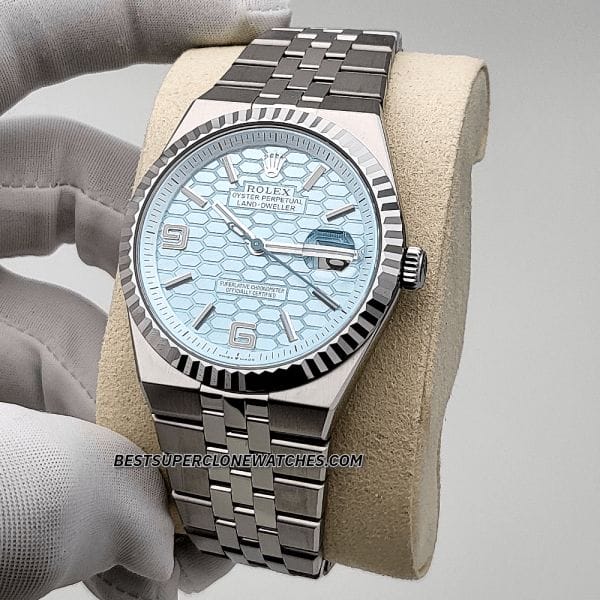 Rolex Land-Dweller 40mm Platinum Ice Blue Honeycomb Motif Dial 7135 Swiss Super Clone Watch
